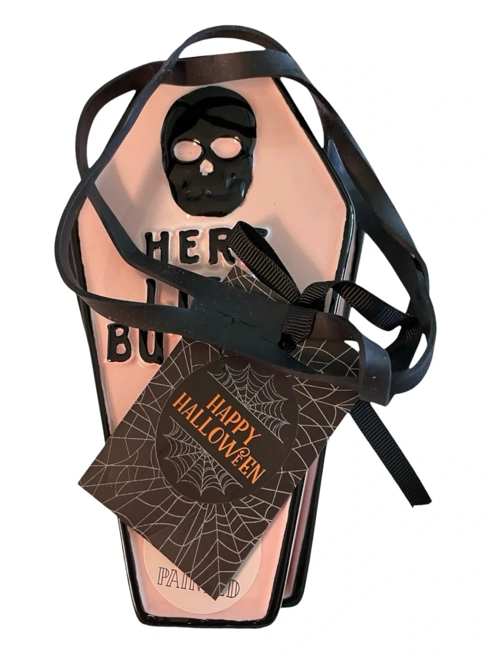 Cobwebs & Cauldrons Hand Painted “Here Lies Butter” Butter Dish Pink Black NWT